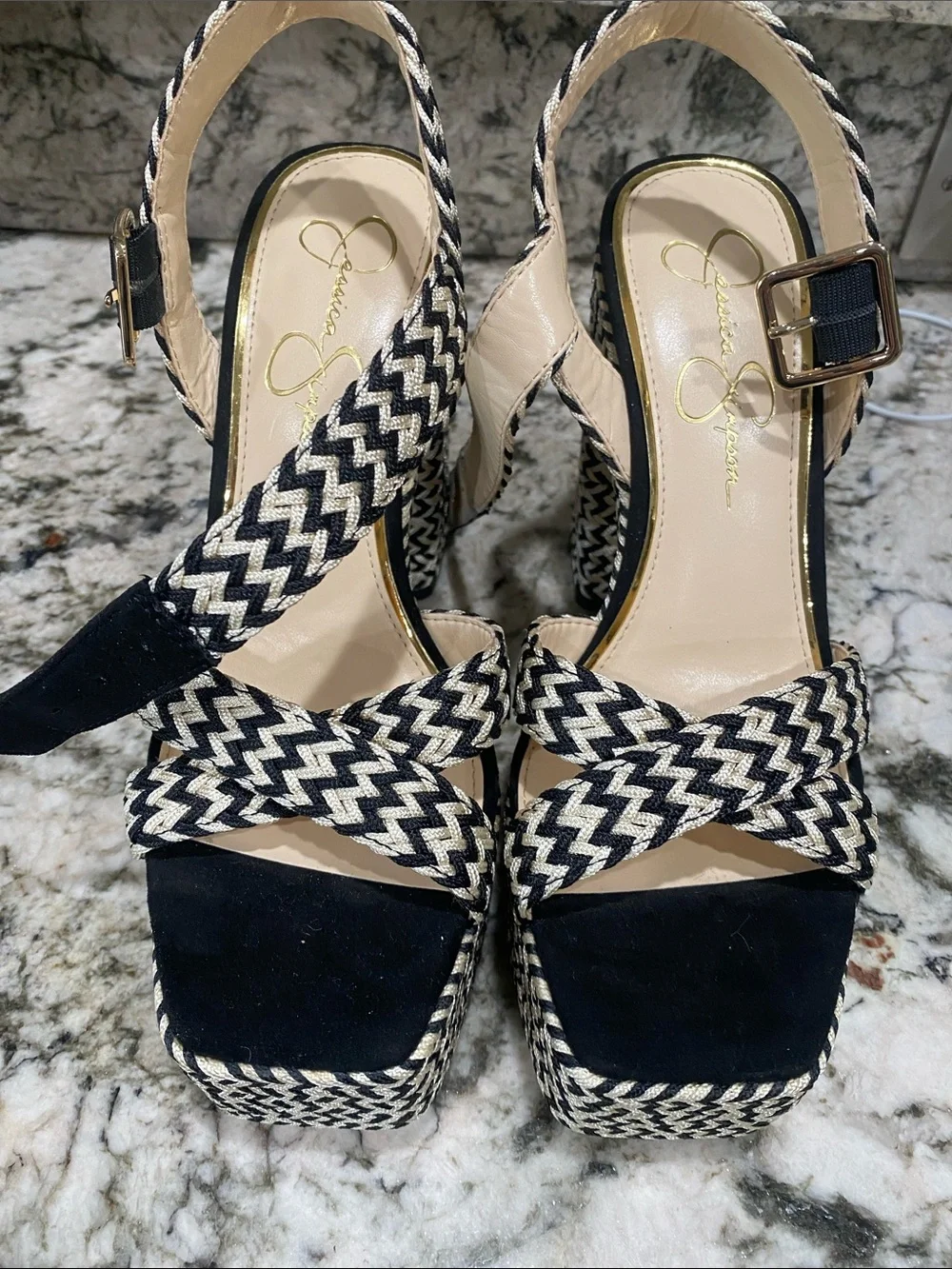 Jessica Simpson Black & Cream Braided Platform Sandals